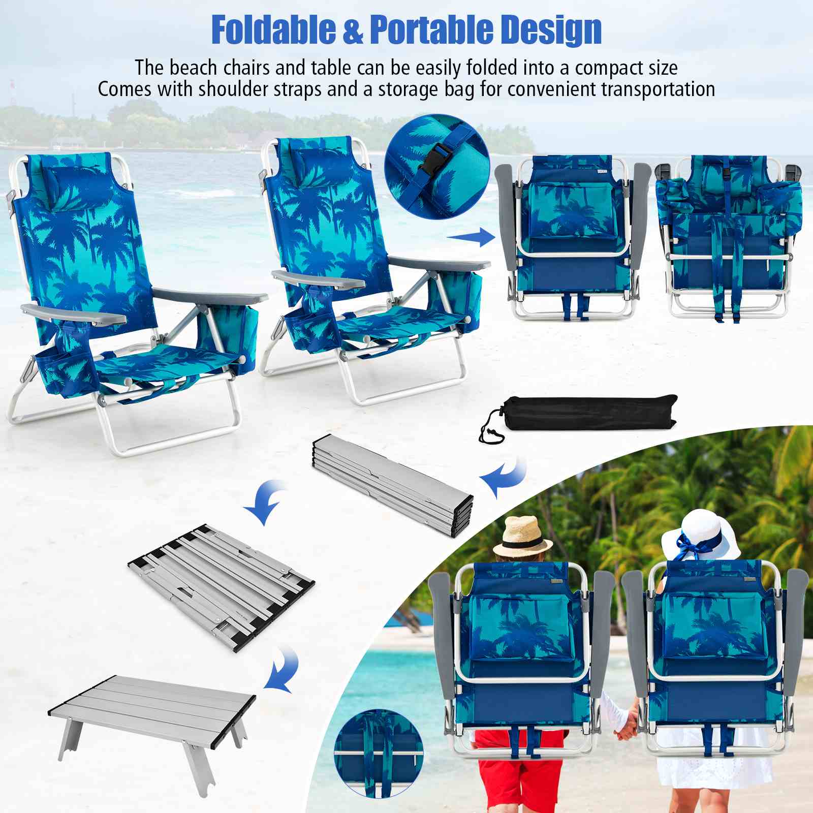 Giantex 2-Pack Folding Backpack Beach Chair Table Set 5-Position Outdoor Reclining Chair