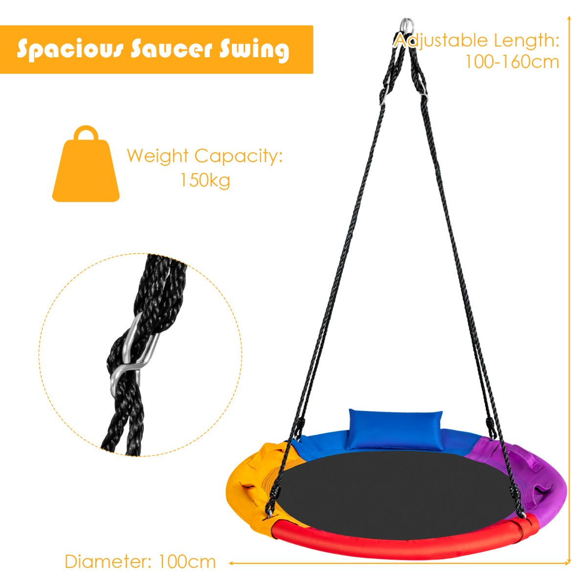 100cm/40" Saucer Tree Swing Outdoor Round Platform Swing with Pillow for Kids