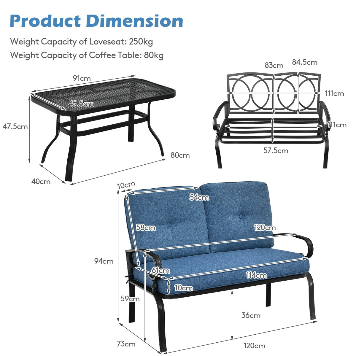2 Pieces Outdoor Conversation Set with Ergonomic Backrest & Armrest for Balcony & Poolside