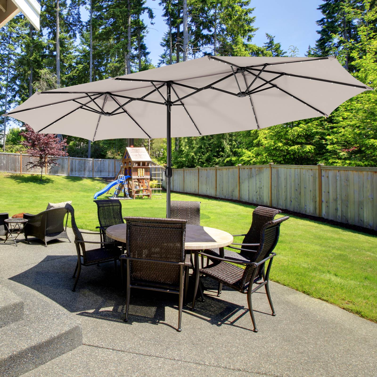 Twin Patio Umbrella 48 LED Lights Outdoor Double-Side Parasol Sun Shade Poolside