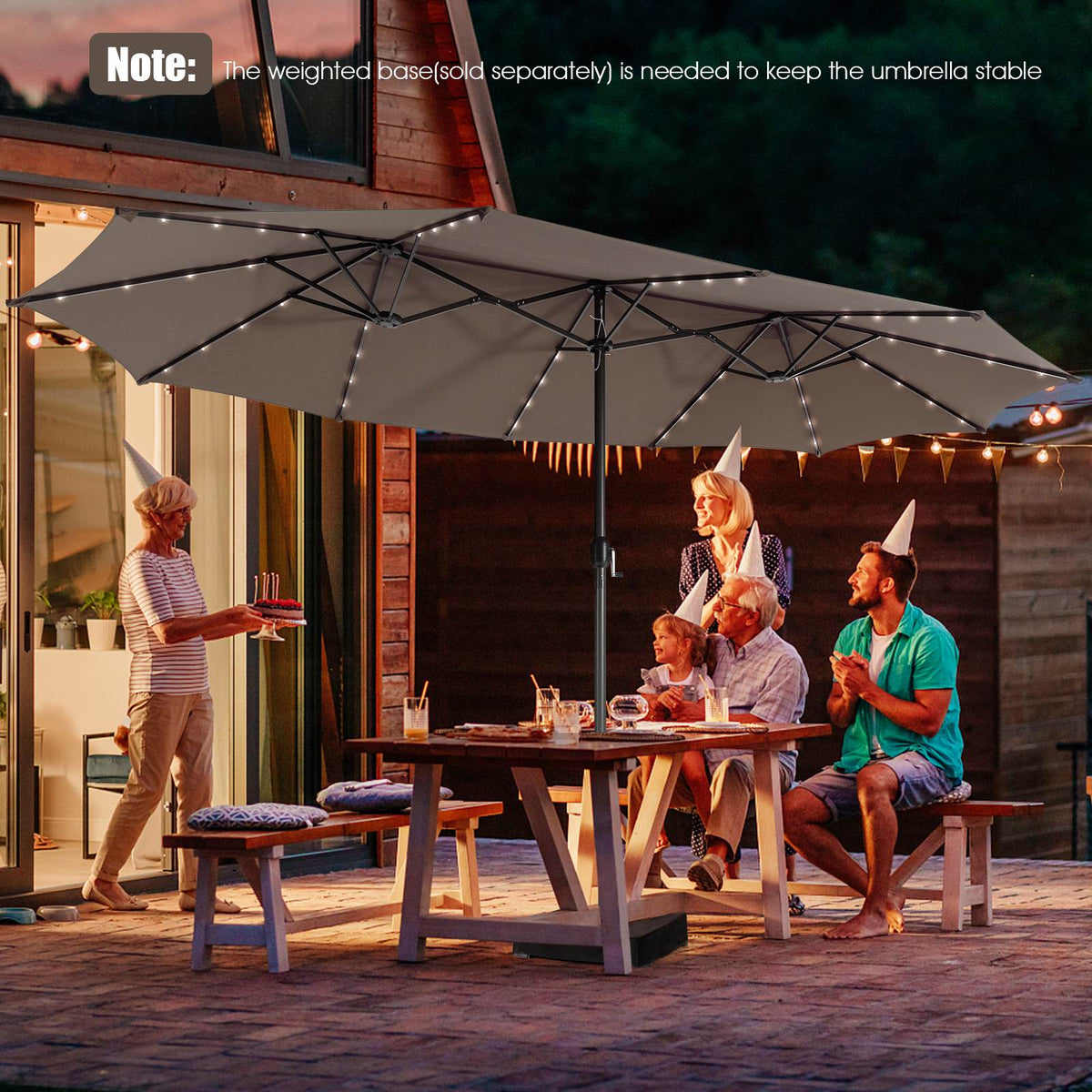 Twin Patio Umbrella 48 LED Lights Outdoor Double-Side Parasol Sun Shade Poolside