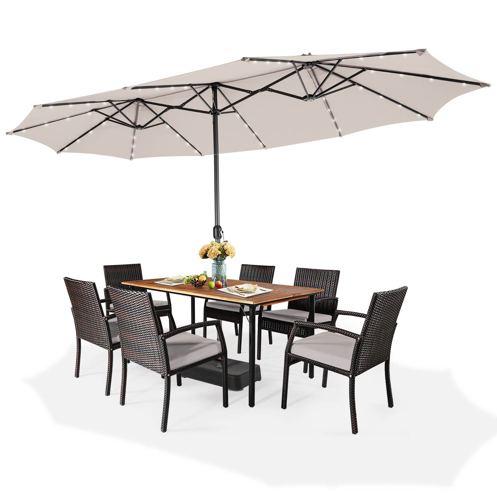 480cm Double-Sided Patio Umbrella w/ Auto-Charging Solar Panel & 48 Solar Lights