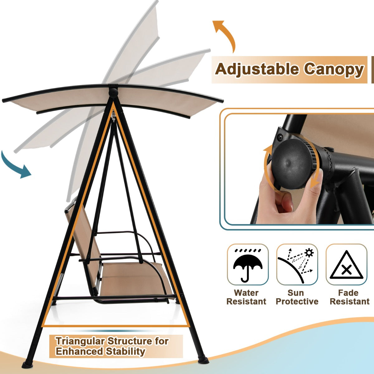 2-seat Outdoor Swing with Adjustable Canopy for Patio/Garden