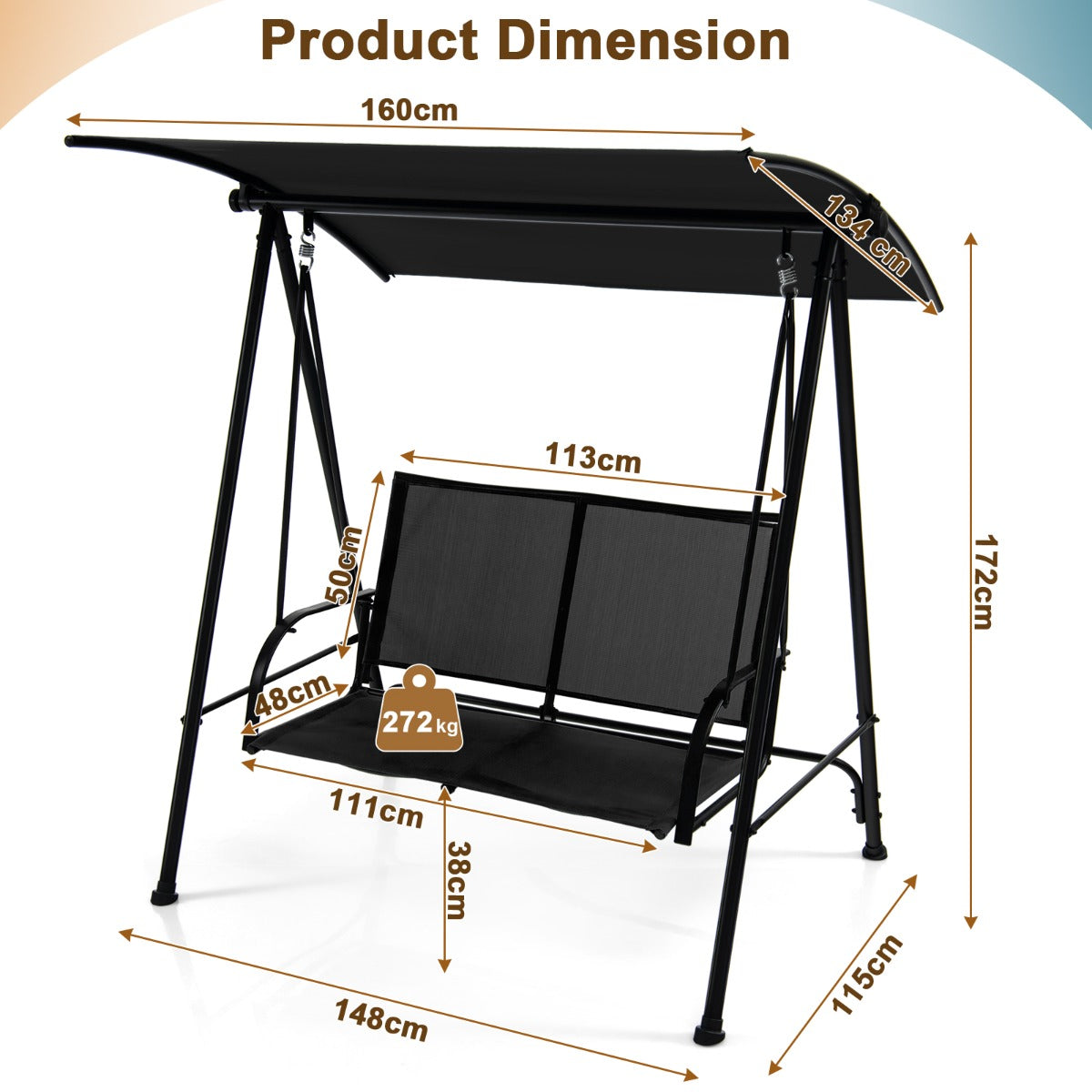 2-seat Outdoor Swing with Adjustable Canopy for Patio/Garden