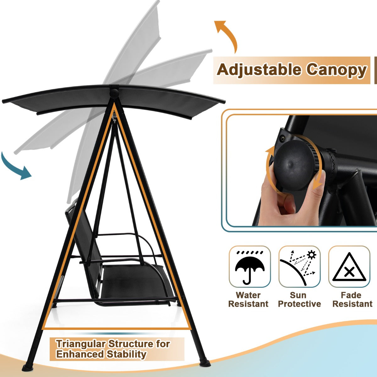 2-seat Outdoor Swing with Adjustable Canopy for Patio/Garden