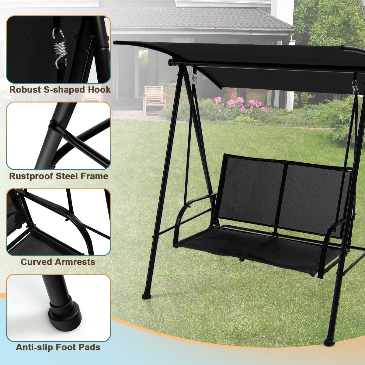 2-seat Outdoor Swing with Adjustable Canopy for Patio/Garden