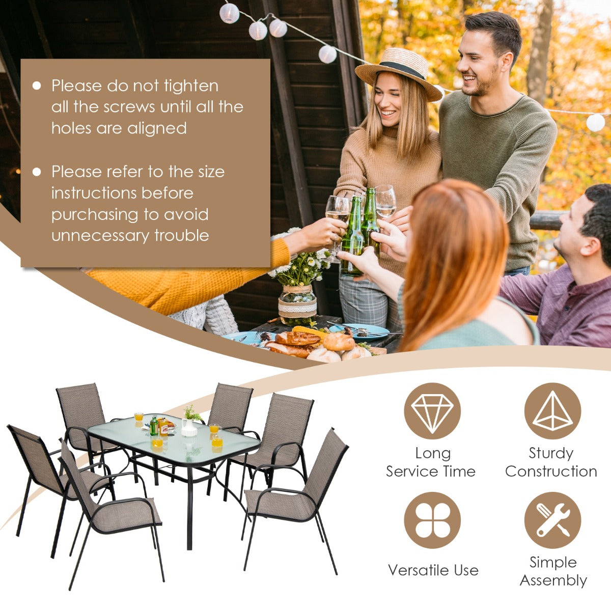 7 Piece Patio Dining Set with 6 Stackable Chairs & Rectangular Table
