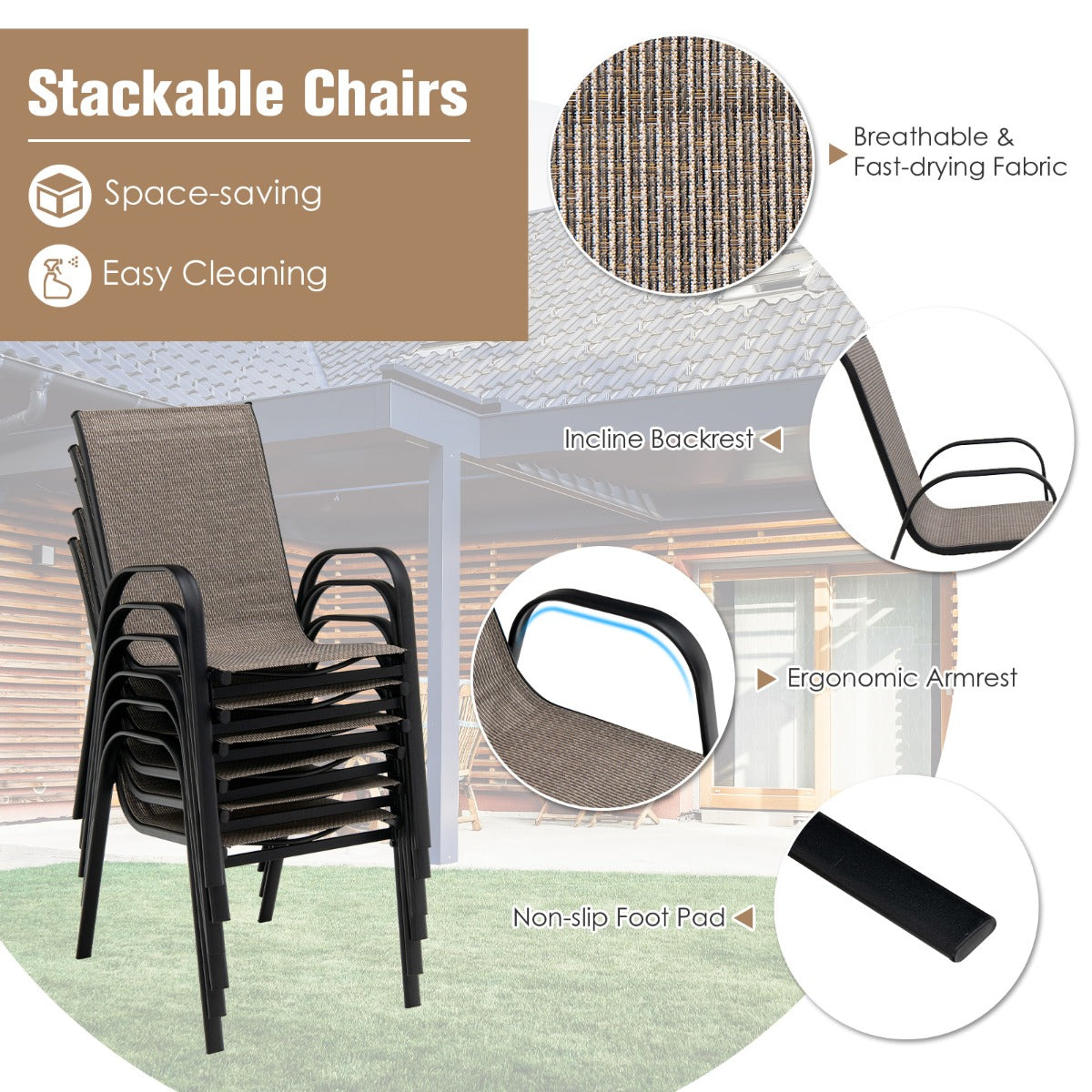 7 Piece Patio Dining Set with 6 Stackable Chairs & Rectangular Table