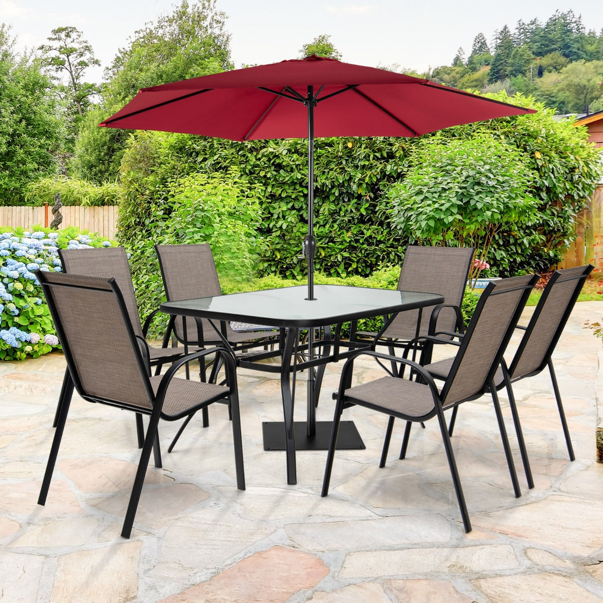 7 Piece Patio Dining Set with 6 Stackable Chairs & Rectangular Table