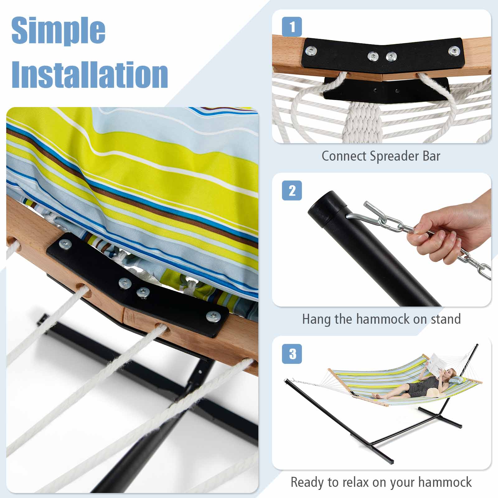 Outdoor Portable Quilted Fabric Hammock with Detachable Pillow (without Stand)