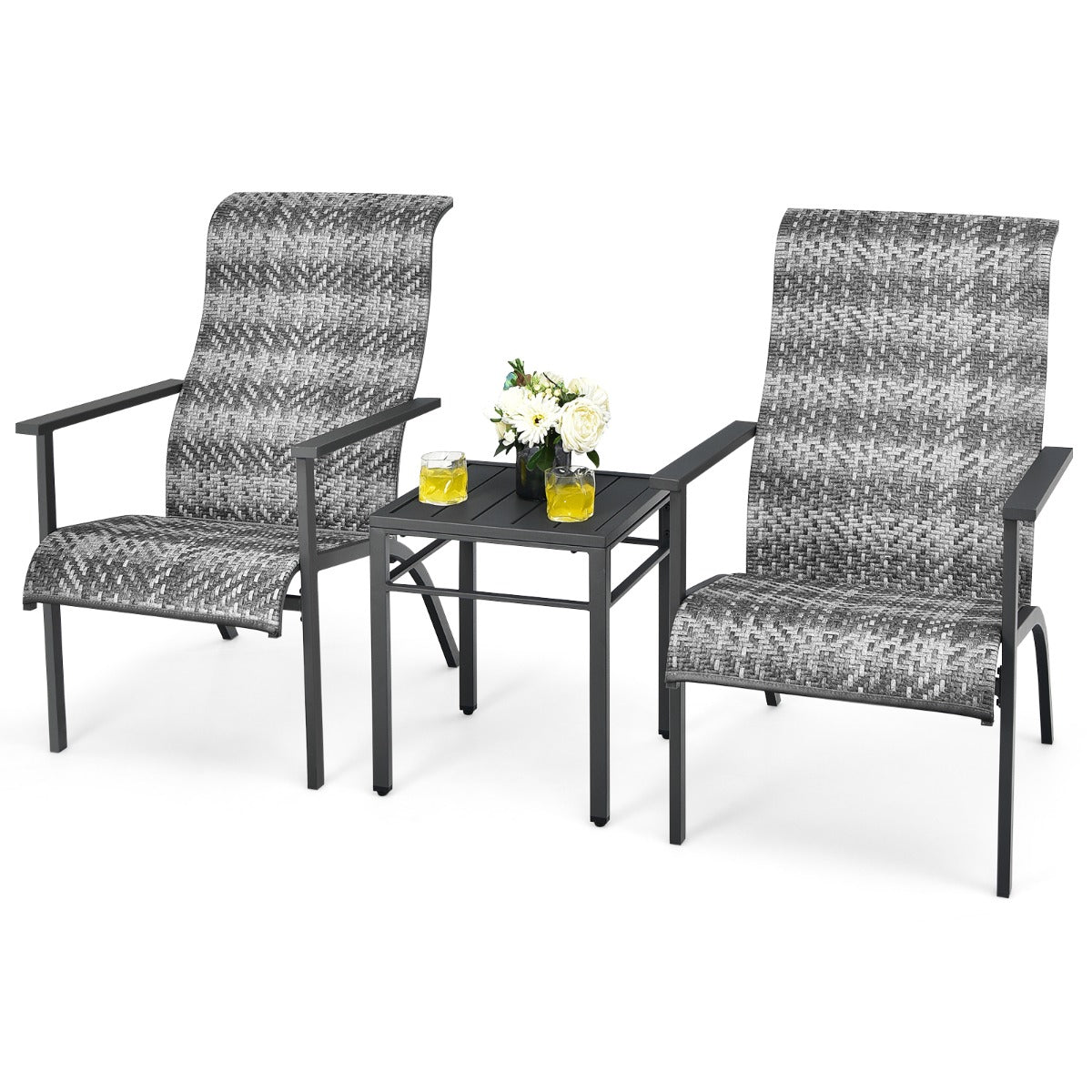 3-Piece PE Rattan Bistro Chairs with Coffee Table for Garden