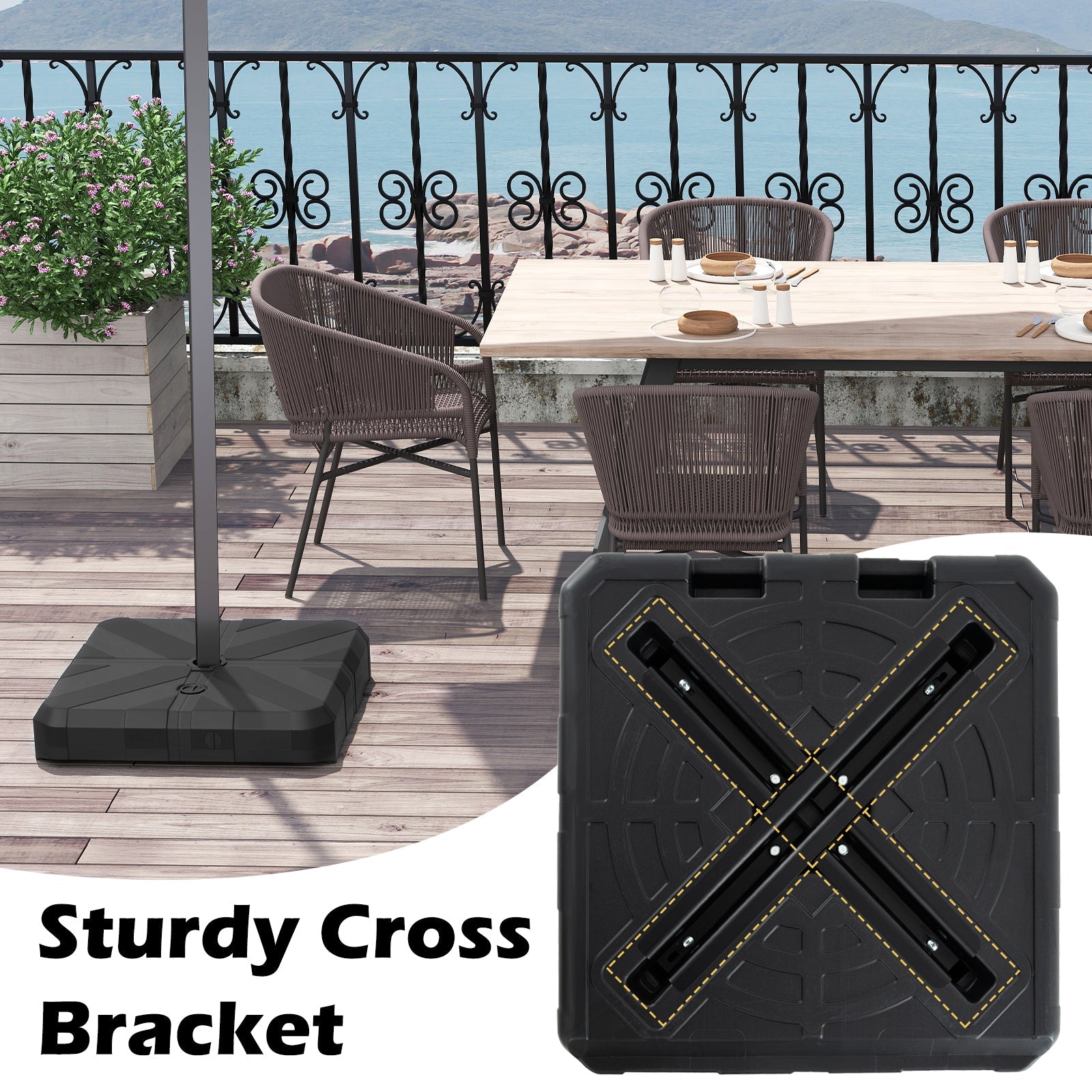 Weighted Offset Umbrella Base, Water & Sand Filled Heavy Duty Base with Cross Bracket & Cut-out Handles, Up to 80 kg