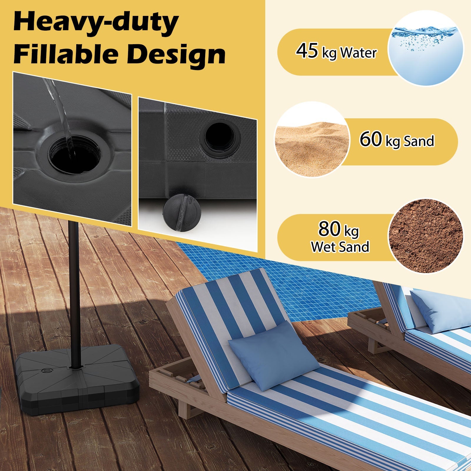 Weighted Offset Umbrella Base, Water & Sand Filled Heavy Duty Base with Cross Bracket & Cut-out Handles, Up to 80 kg