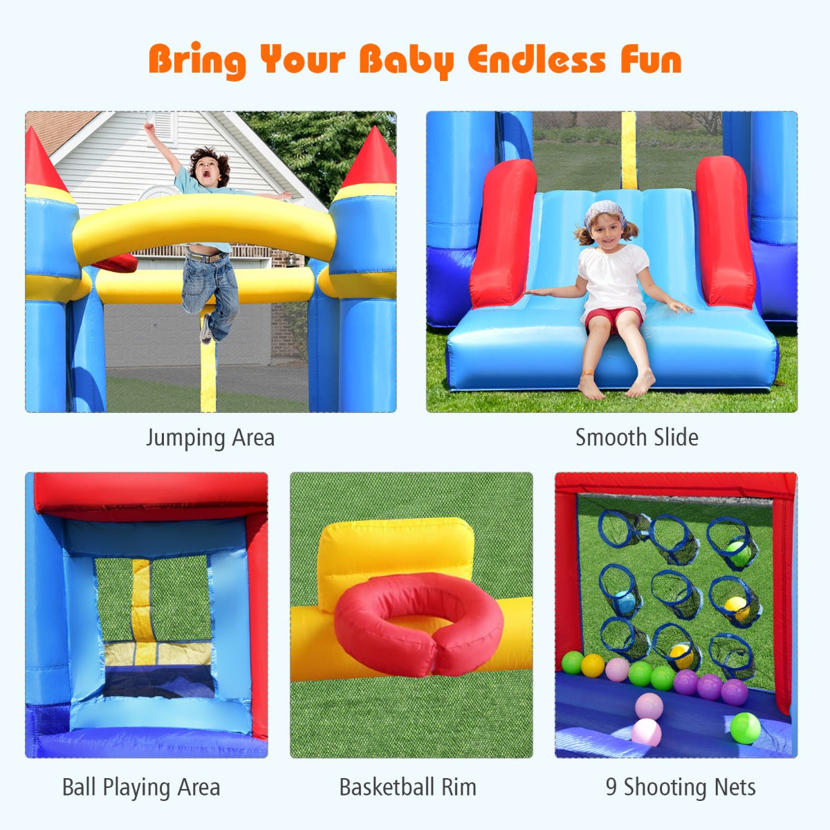 5-in-1 Inflatable Kids Jumping Castle Bouncer with Slide (No Blower)