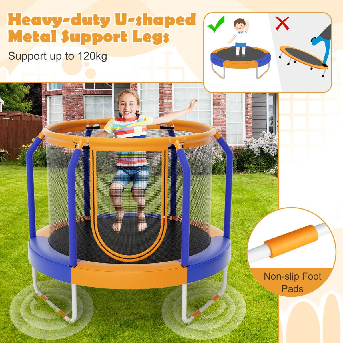 Recreational Trampoline with Heavy-duty Metal Frame for Kids