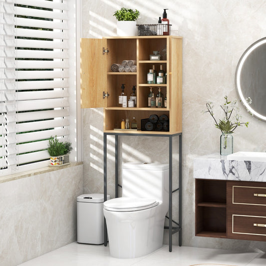 Over The Toilet Storage Cabinet Freestanding with Rattan Doors and Shelves