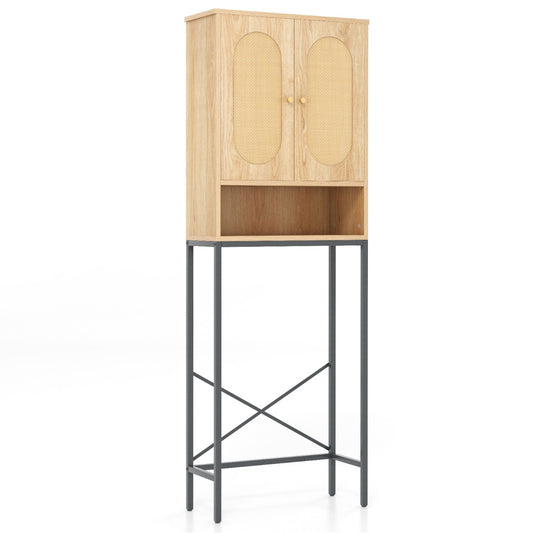 Over The Toilet Storage Cabinet Freestanding with Rattan Doors and Shelves