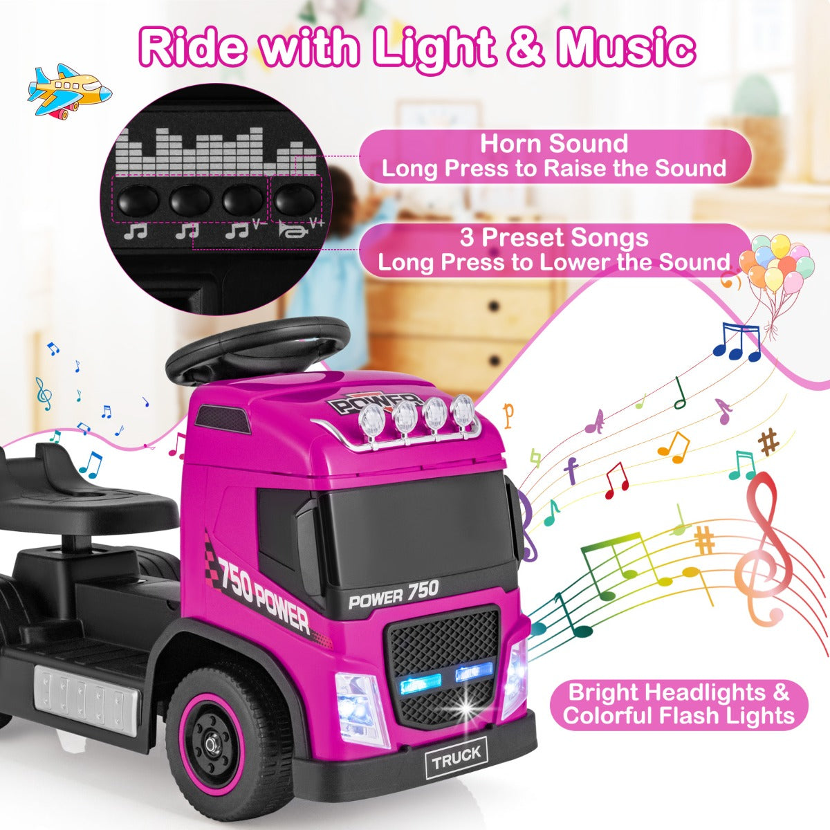 Kids' Ride On Push Truck with Music for 3+ Boys and Girls