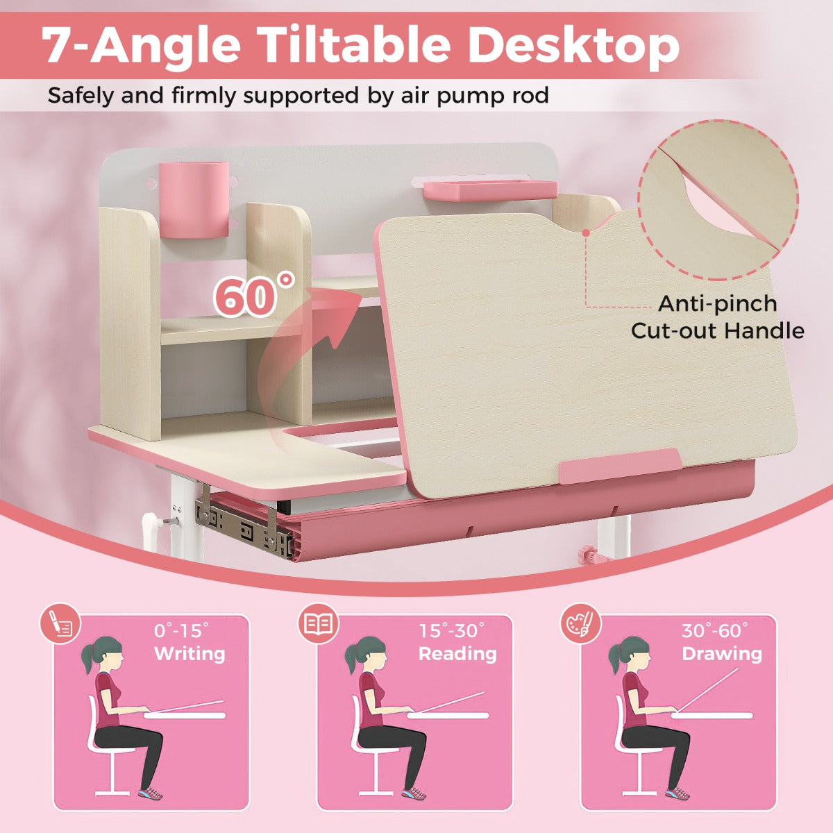 Height Adjustable Children Study Desk with Tilt Desktop for 3-12 Years Old