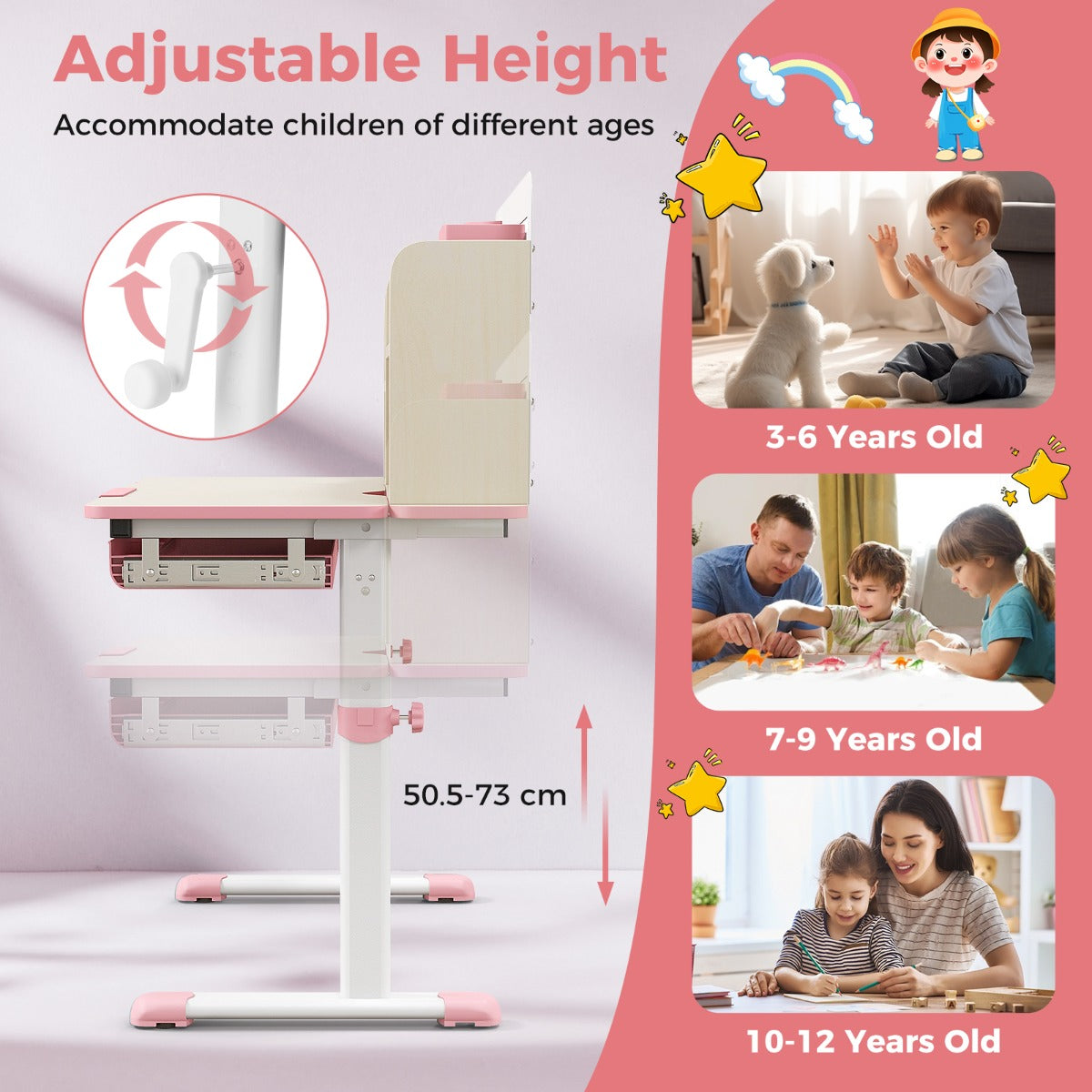 Height Adjustable Children Study Desk with Tilt Desktop for 3-12 Years Old