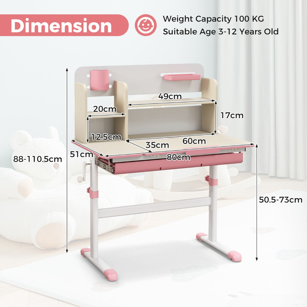 Height Adjustable Children Study Desk with Tilt Desktop for 3-12 Years Old