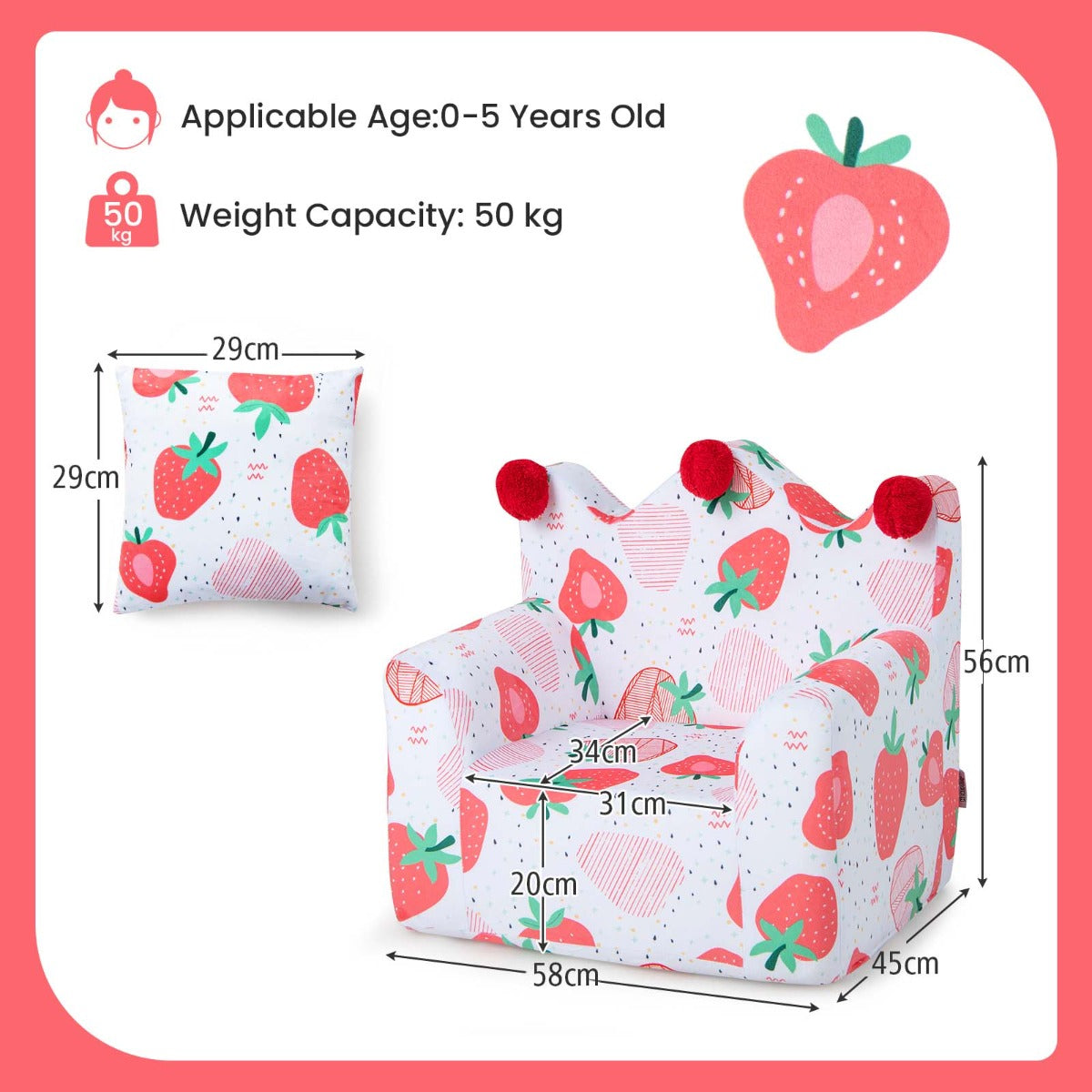 Dinosaur/Strawberry Toddler Couch with Ultra-Soft Velvet Cover for Kids