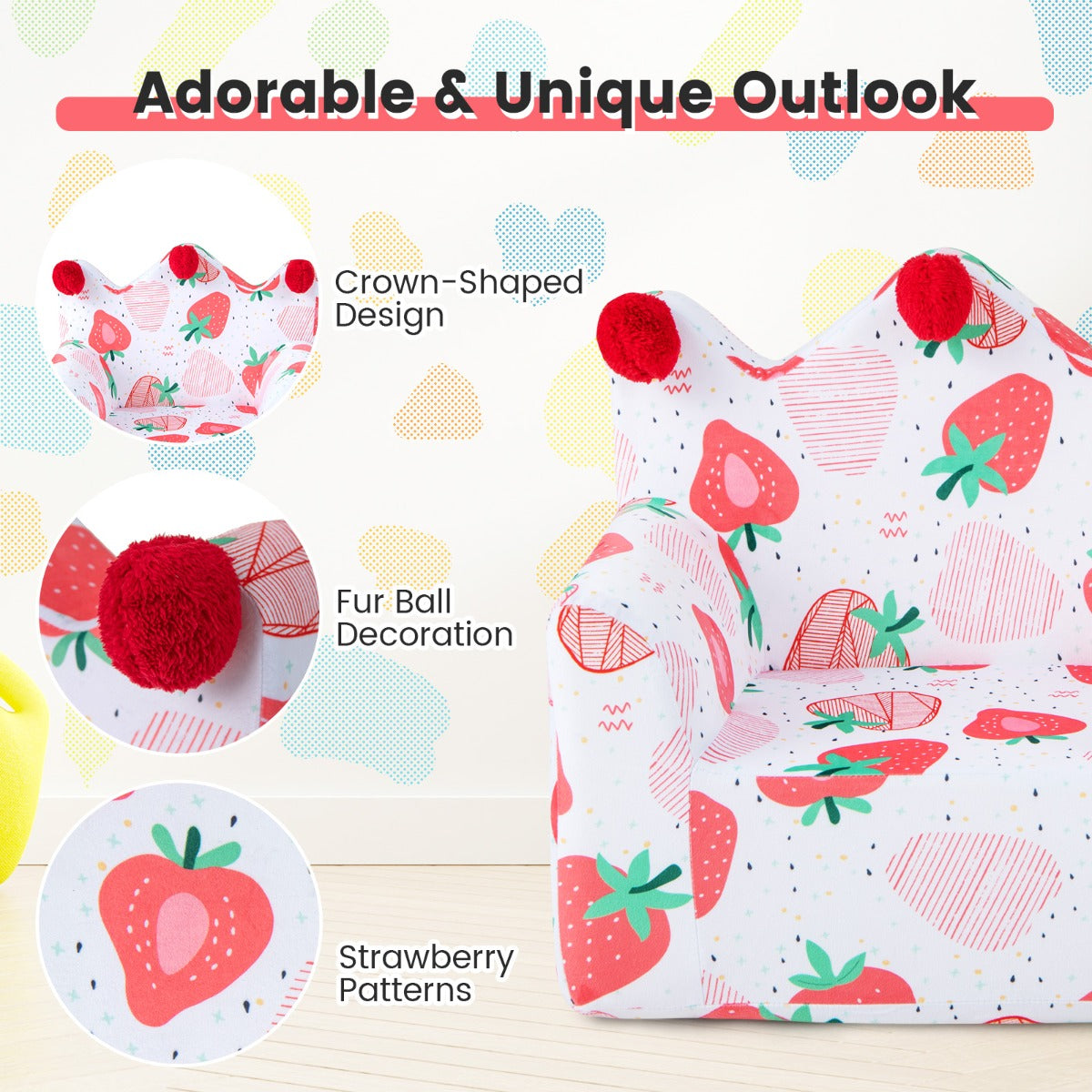 Dinosaur/Strawberry Toddler Couch with Ultra-Soft Velvet Cover for Kids