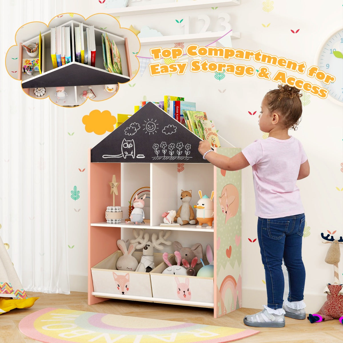 Playhouse Kids Bookshelf with Writable Chalkboard and Whiteboard