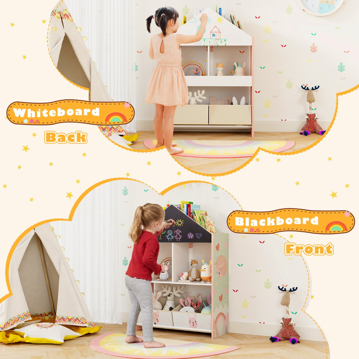Playhouse Kids Bookshelf with Writable Chalkboard and Whiteboard