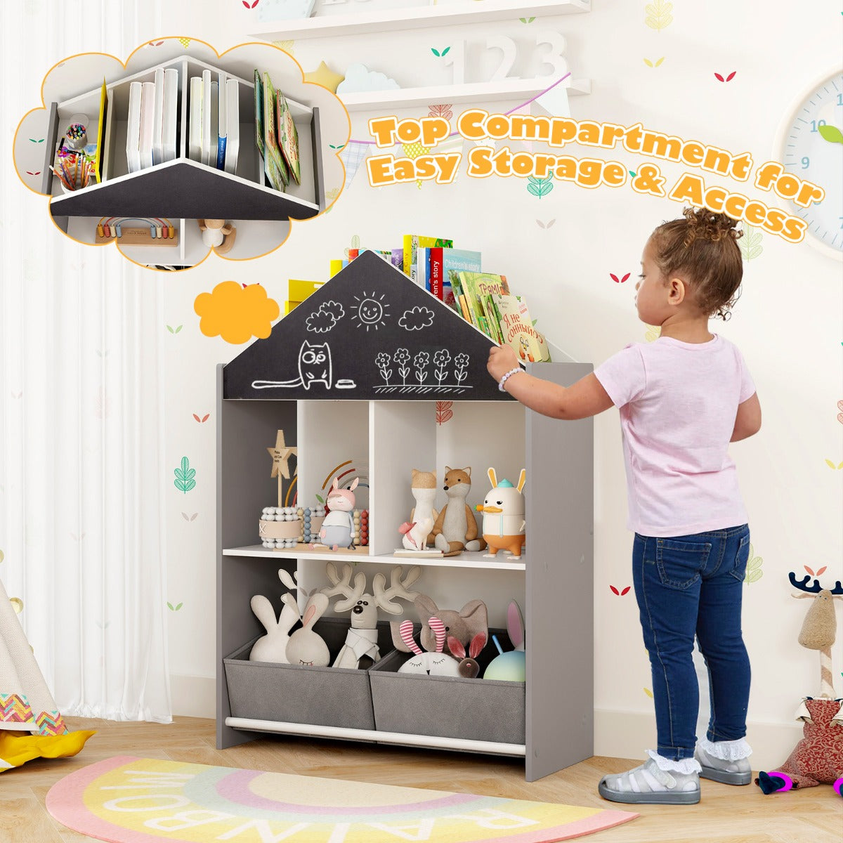 Playhouse Kids Bookshelf with Writable Chalkboard and Whiteboard