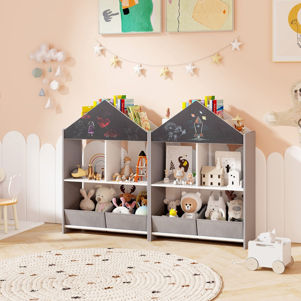 Playhouse Kids Bookshelf with Writable Chalkboard and Whiteboard