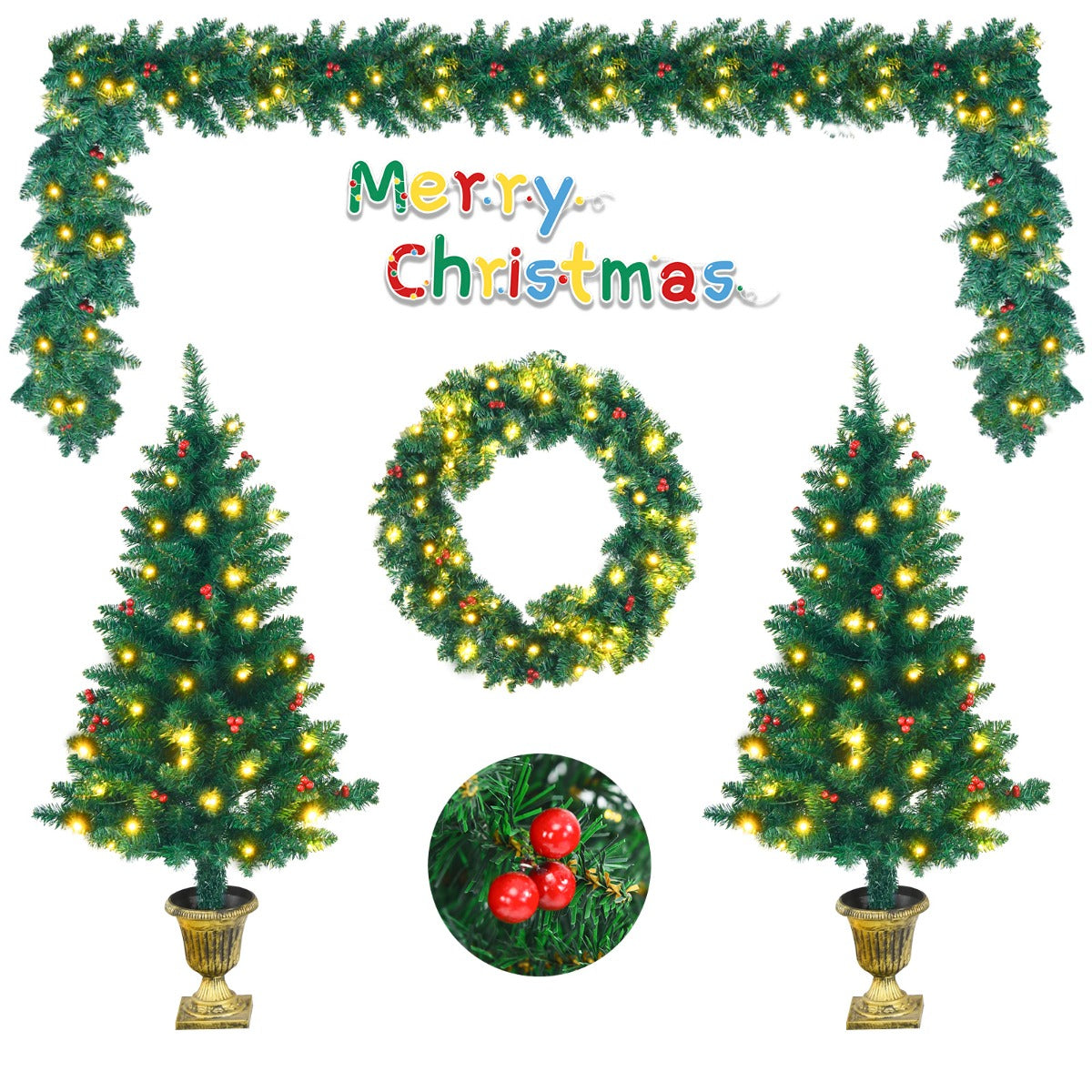 Pre-Lit Holiday Christmas 4-Piece Set with 200 LED Lights and Red Berries