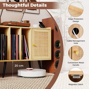 Record Player Stand with Charging Station and Rattan Cabinet