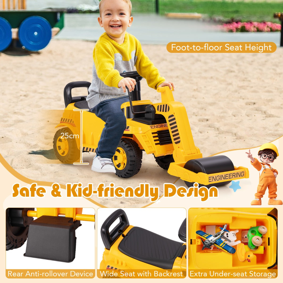 Ride on Road Roller Toddler Ride on Car with Adjustable Roller