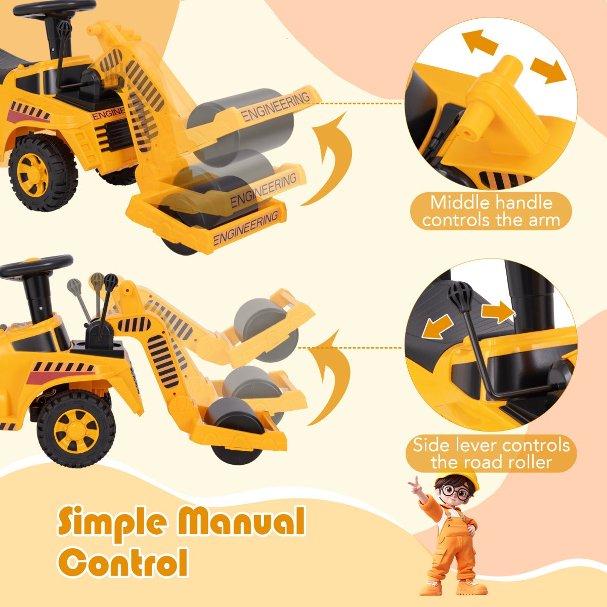 Ride on Road Roller Toddler Ride on Car with Adjustable Roller