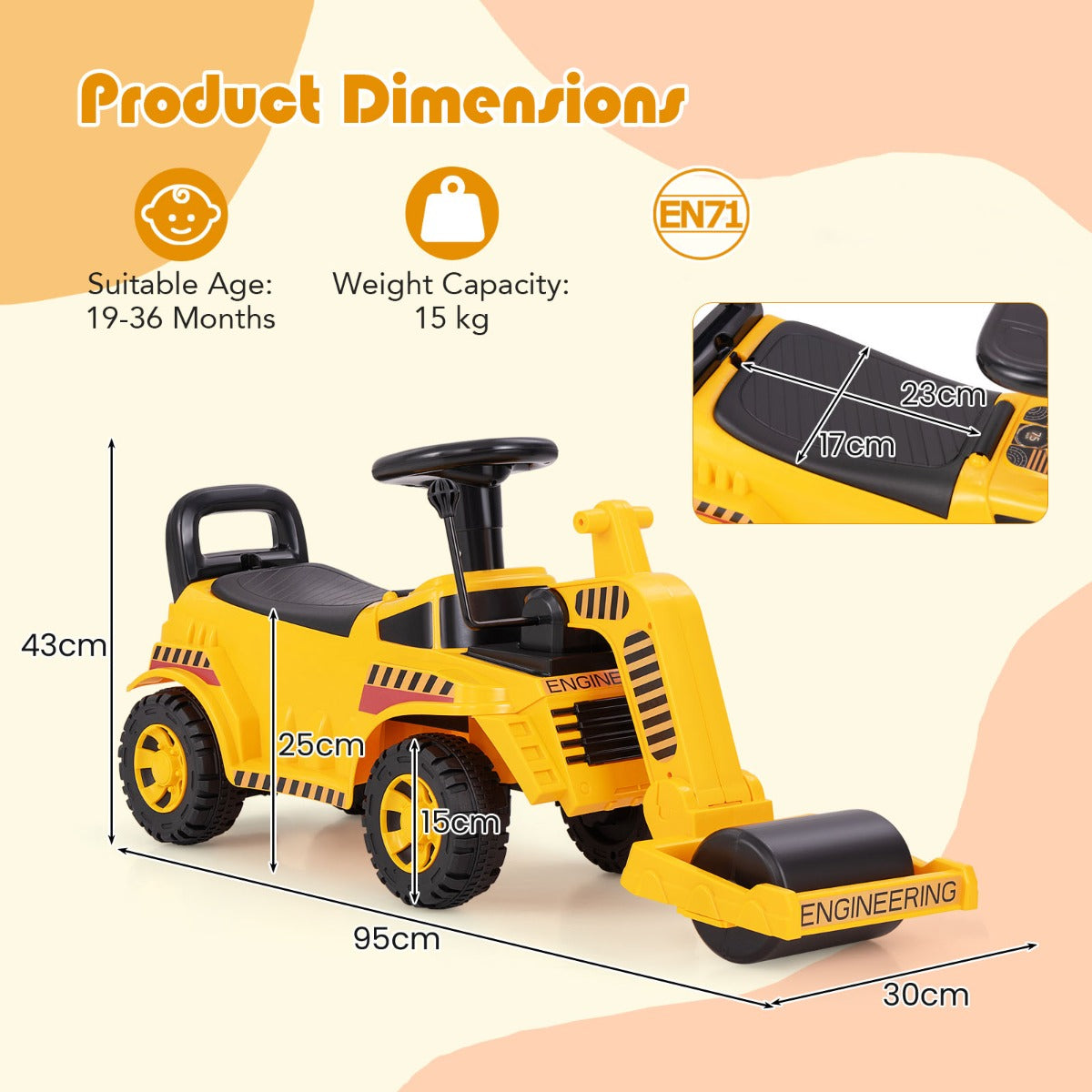 Ride on Road Roller Toddler Ride on Car with Adjustable Roller
