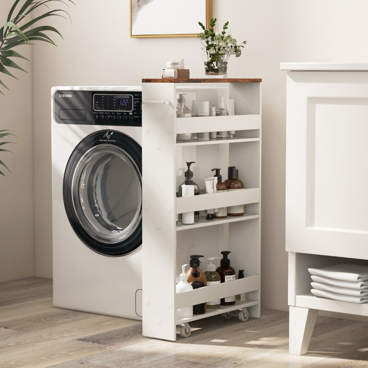 Slim Rolling Storage Cart for Kitchen Bathroom Laundry Small Places-Brown