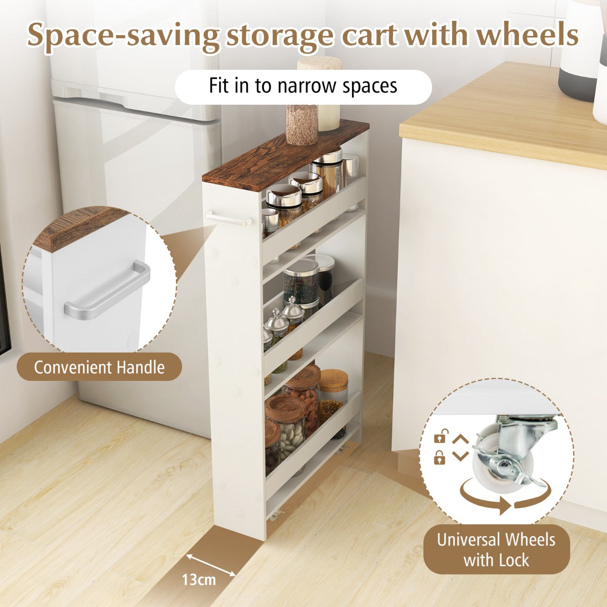 Slim Rolling Storage Cart for Kitchen Bathroom Laundry Small Places-Brown
