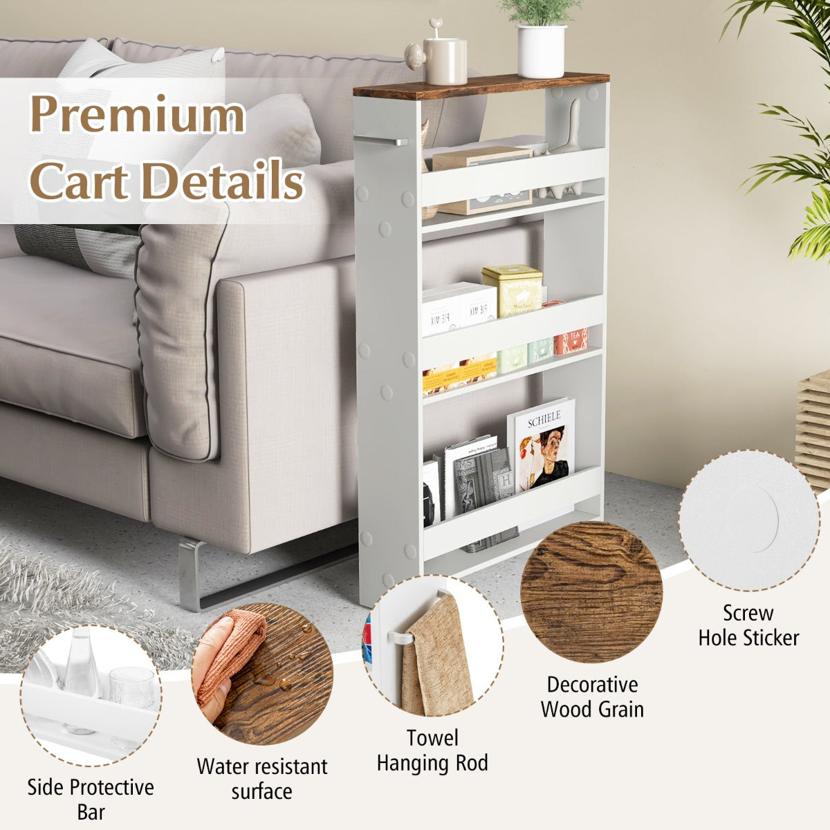 Slim Rolling Storage Cart for Kitchen Bathroom Laundry Small Places-Brown