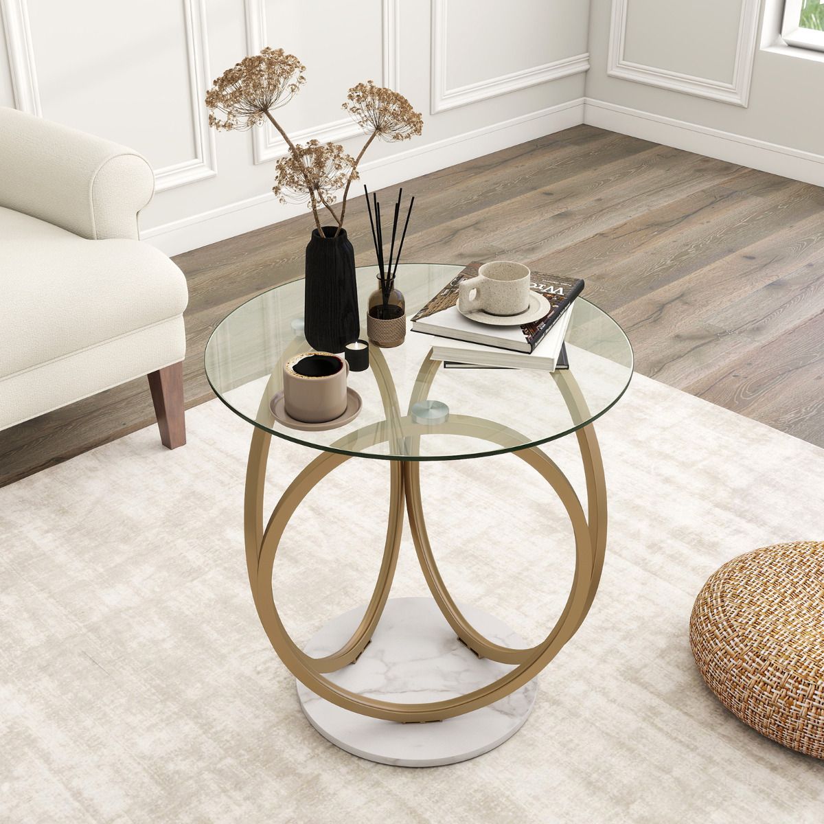 Round Glass Coffee Table, Modern Center Table with Geometric Gold Metal Ring Frame, Accent Circle Tea Table