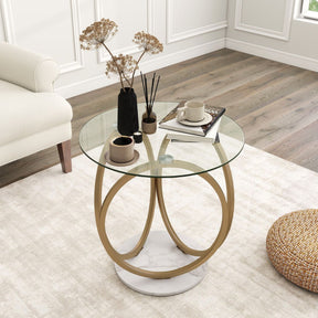 Round Glass Coffee Table, Modern Center Table with Geometric Gold Metal Ring Frame, Accent Circle Tea Table