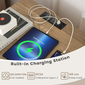 Record Player Stand Turntable Stand w/ Storage Shelf Charging Station USB Port