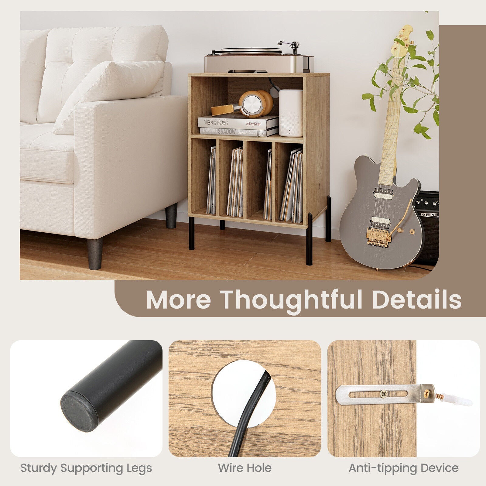 Record Player Stand Turntable Stand w/ Storage Shelf Charging Station USB Port