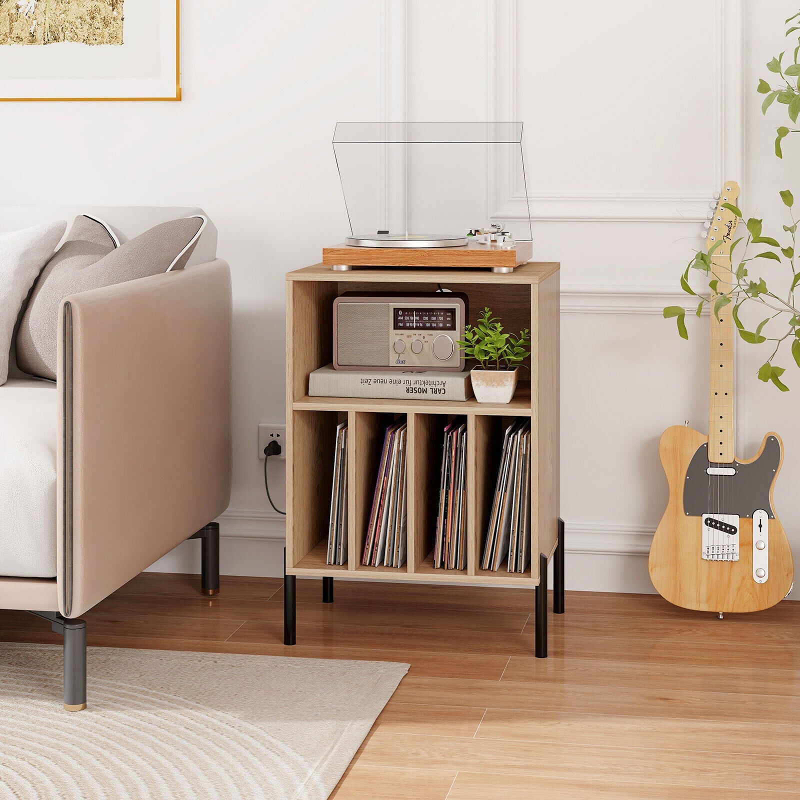 Record Player Stand Turntable Stand w/ Storage Shelf Charging Station USB Port