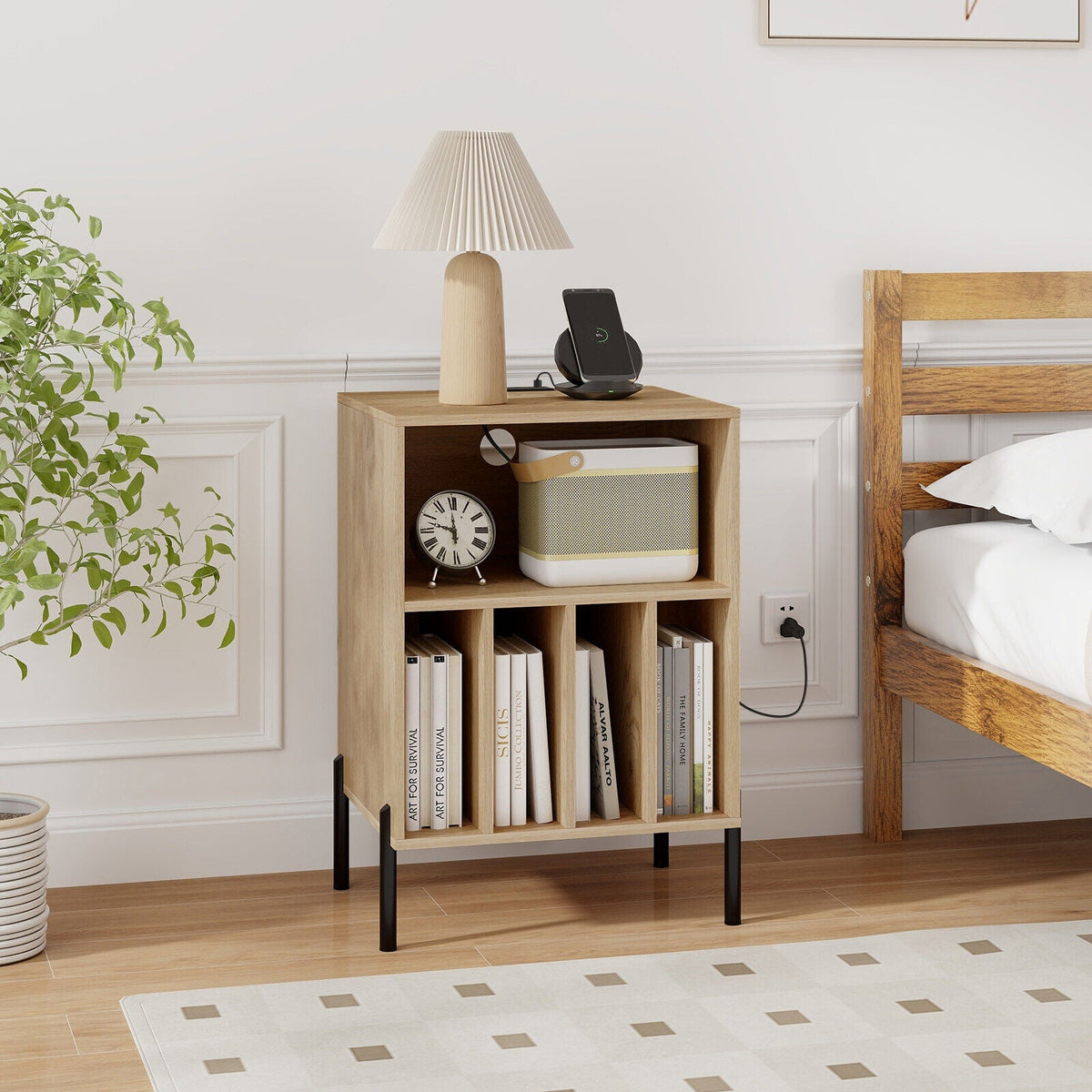 Record Player Stand Turntable Stand w/ Storage Shelf Charging Station USB Port