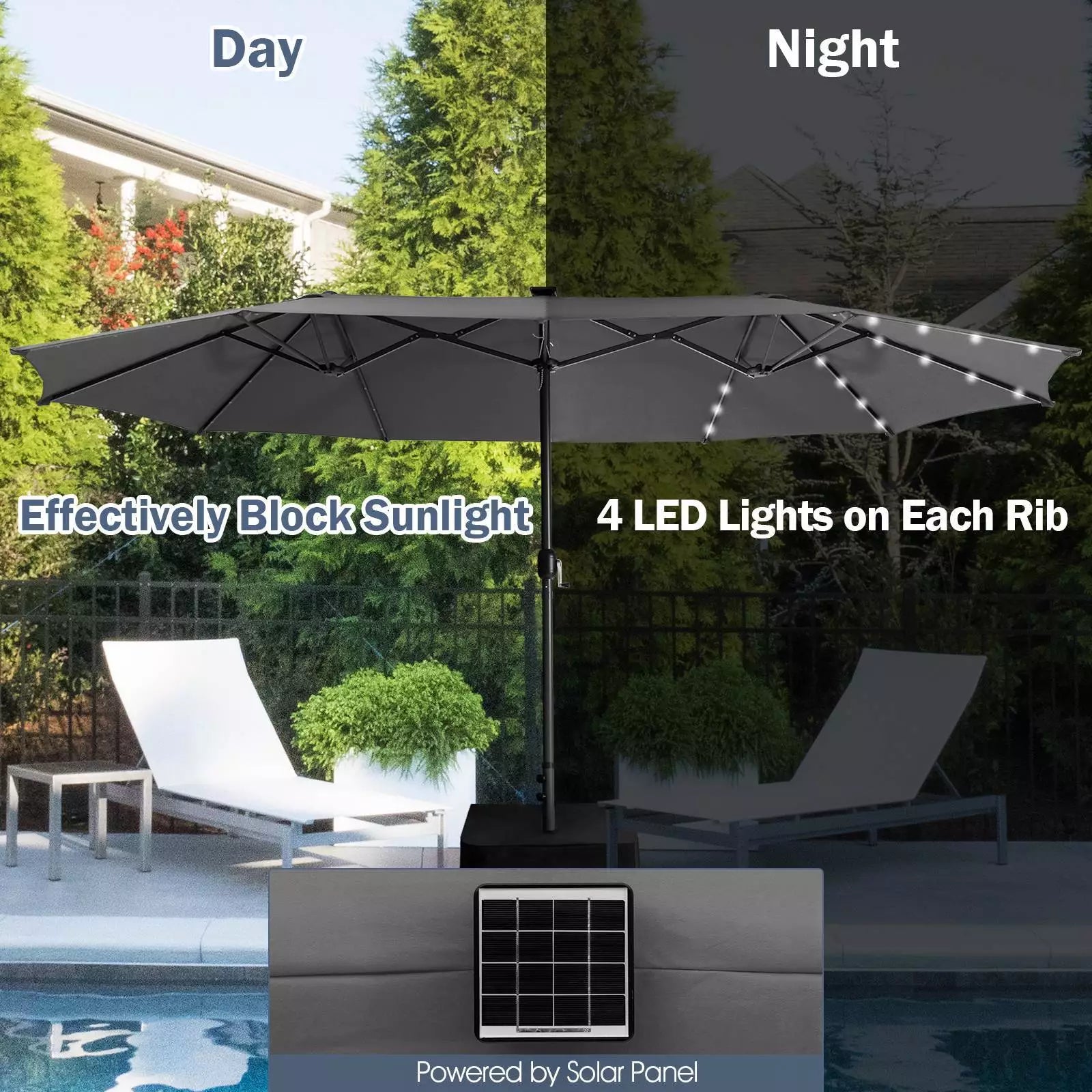 Twin Patio Umbrella 48 LED Lights Outdoor Double-Side Parasol Sun Shade Poolside