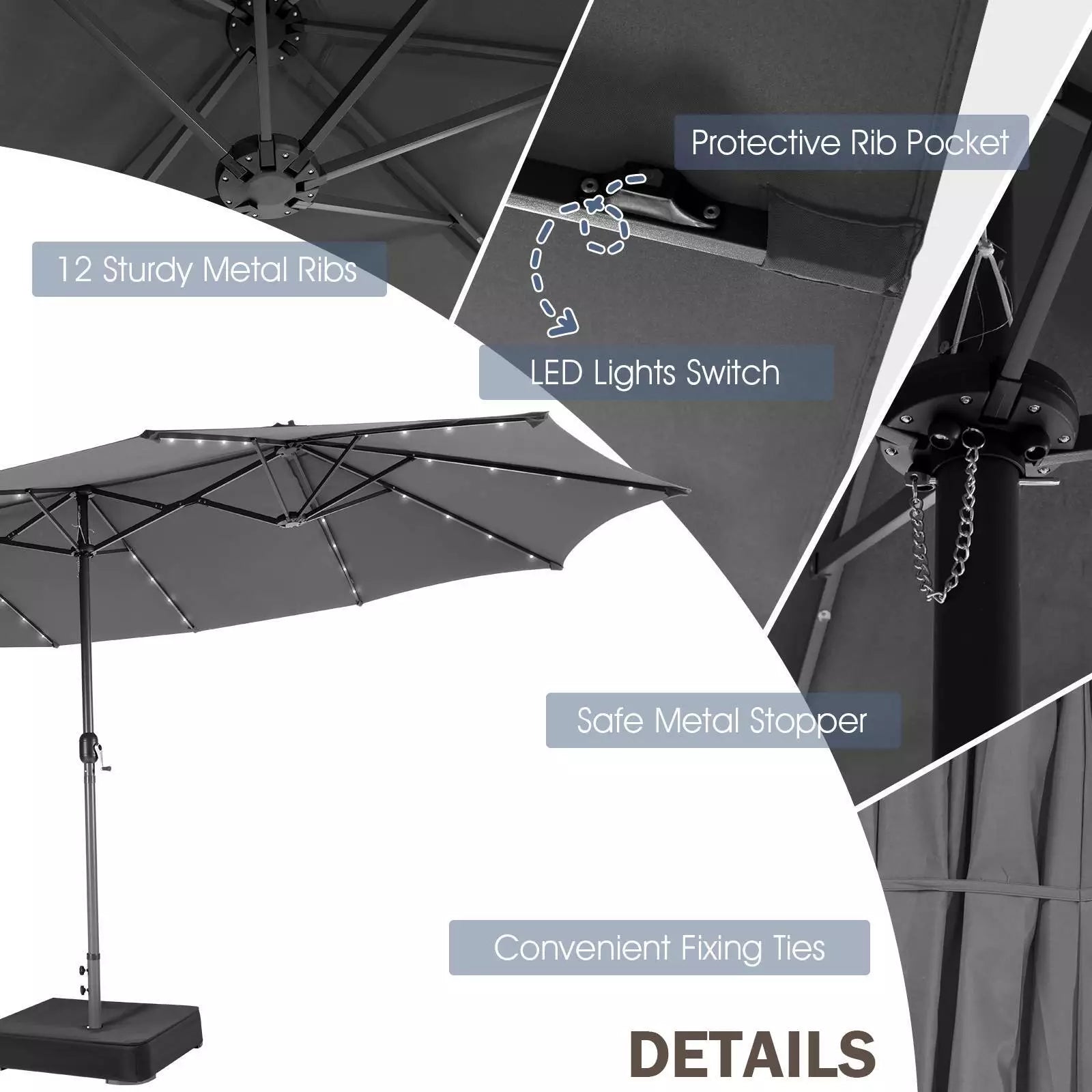 Twin Patio Umbrella 48 LED Lights Outdoor Double-Side Parasol Sun Shade Poolside