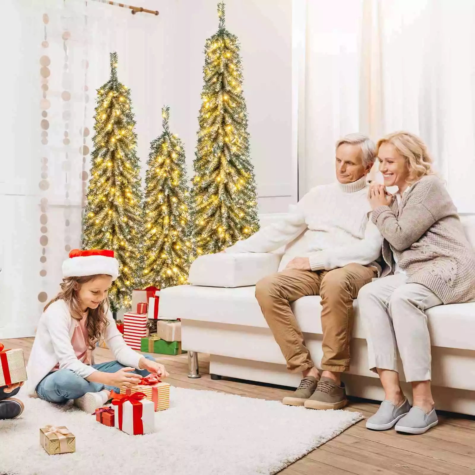 Artificial Christmas Pencil Xmas Tree Set of 3 w/ Realistic Accumulated Snow