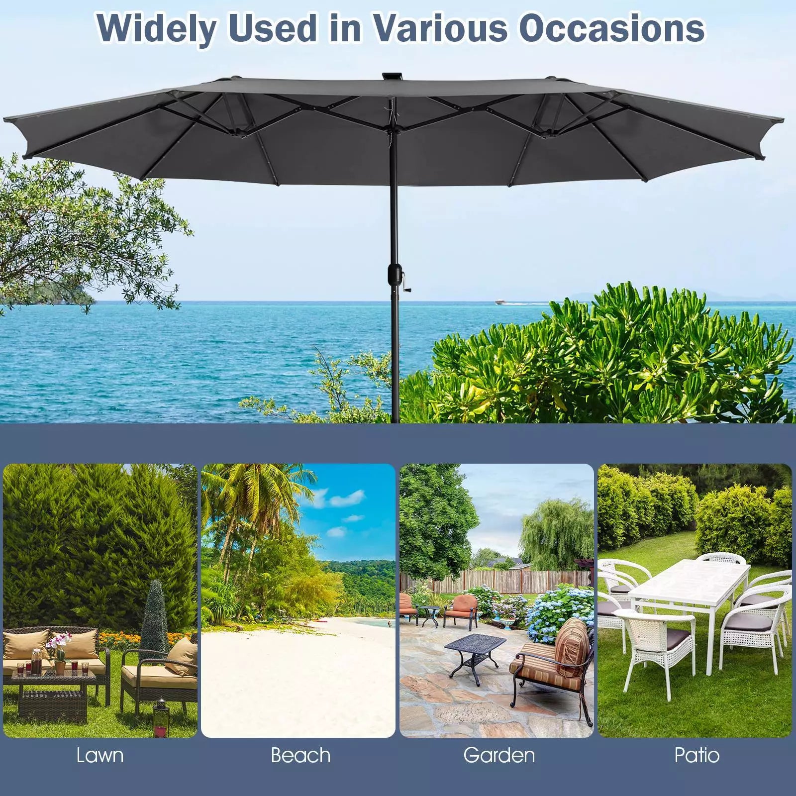 Twin Patio Umbrella 48 LED Lights Outdoor Double-Side Parasol Sun Shade Poolside