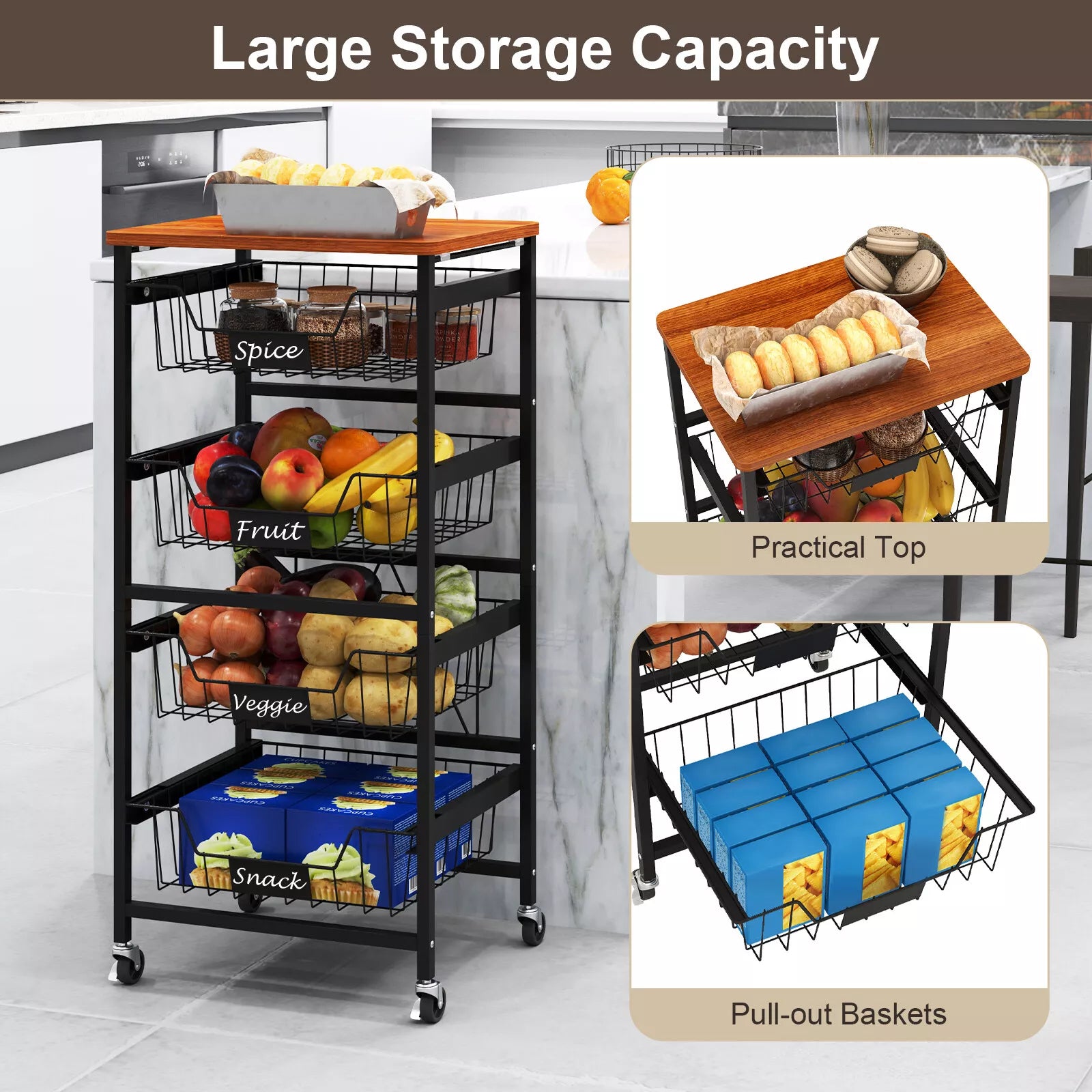 4/5-Tier Kitchen Storage Cart Utility Cart w/ Wooden Top Snack Storage Cart